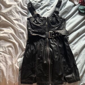 Black Faux Leather Dress with Belt